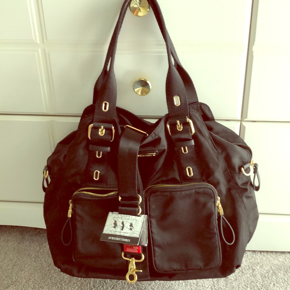 Storksak black diaper bag with stroller strap